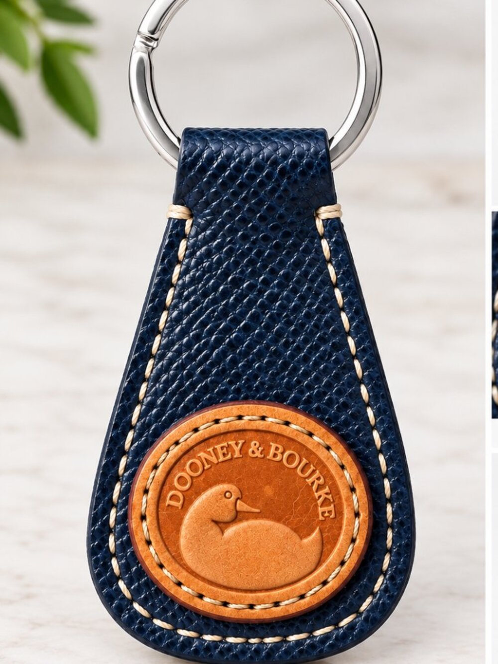 Vintage Dooney & Bourke Navy Blue Leather Duck Key Fob Keychain Silver Tone Ring